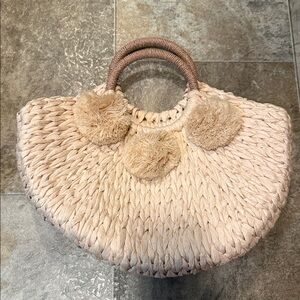Light Pink Pom Pom Woven Straw Tote Bag